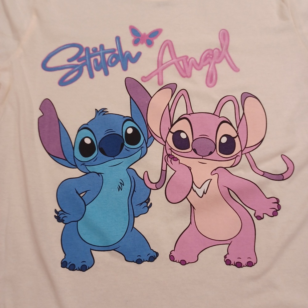 Disney Stitch and Angel Graphic T-Shirt Cream Womens Large Lilo & Stitch Tee - Picture 2 of 4